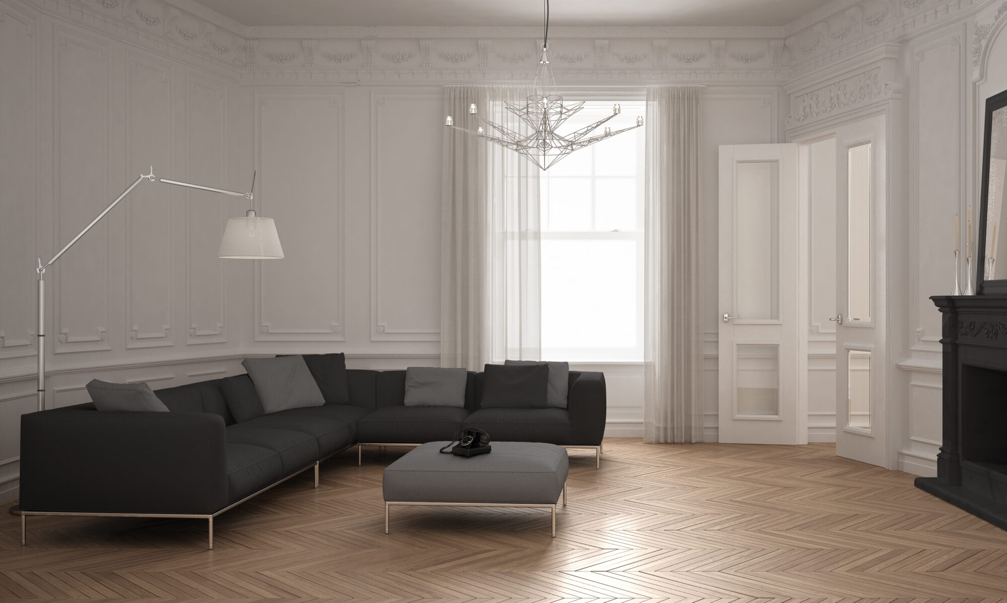Lames de parquet de même taille, inclinées de 45 à 60 degrés, et disposées parallèlement entre elles par travée